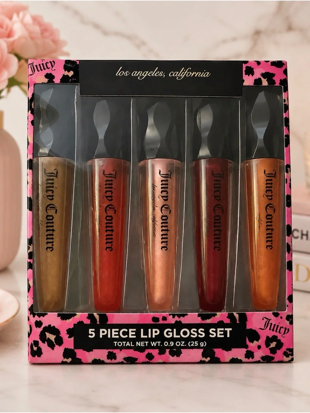 Juicy Couture 5 Piece Lip Gloss Set Pink Leopard NIB